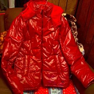 Ruby Red True Religion puffer jacket, it will get you thru Chicago winter 😂😭